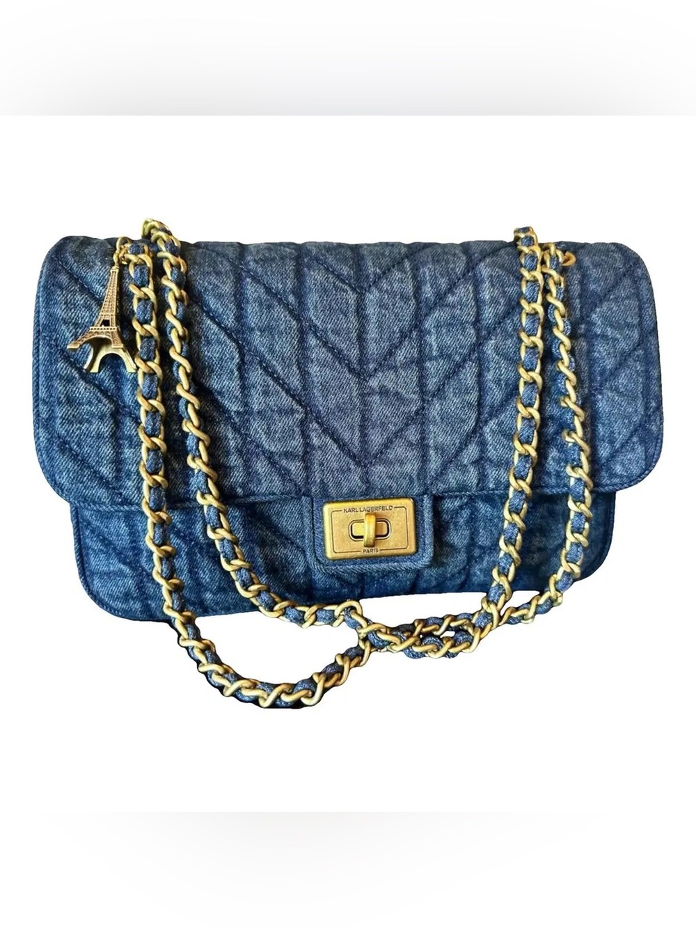 🔥 Karl Lagerfeld Quilted Denim Shoulder Bag with Gold Hardware